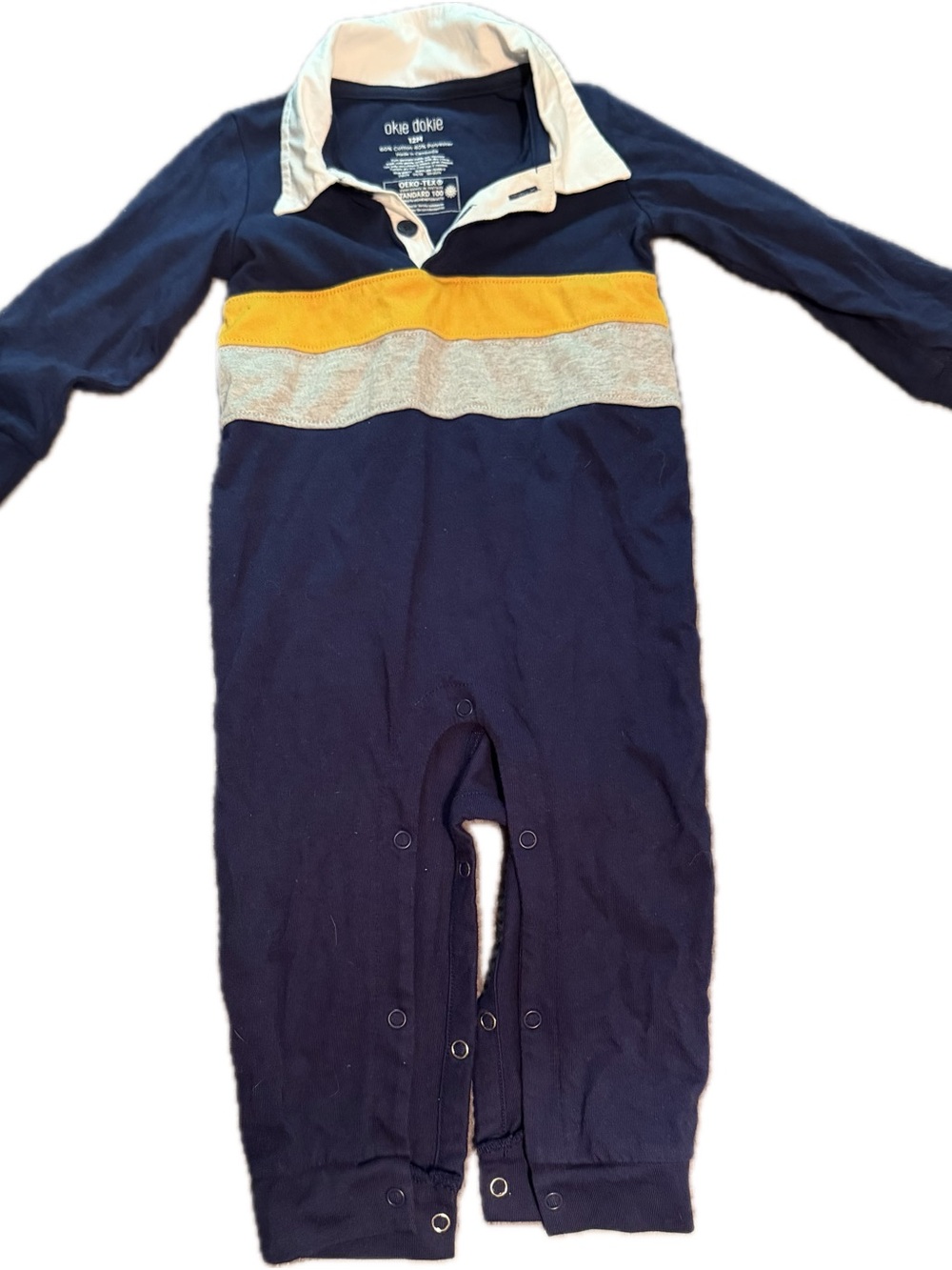 okie dokie Navy, Yellow & Gray Stripe One-Piece Romper